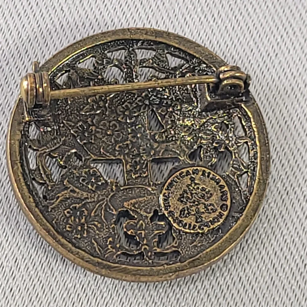 Vatican Library Collection Brass Brooch Rhinestone Cross Four Evangelists Pin